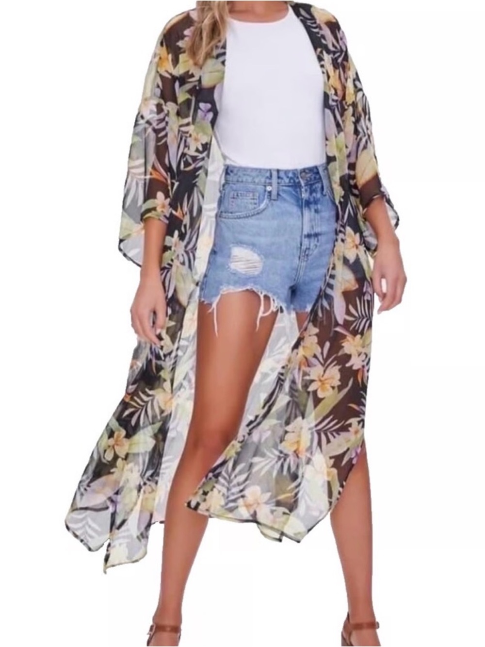 Forever 21 Tropical Floral Sheer Kimono Duster Cover Up Boho Layer | Size S